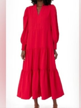 Pomander Place Red Tiered Long Sleeve Maxi Dress  Medium  V Neck